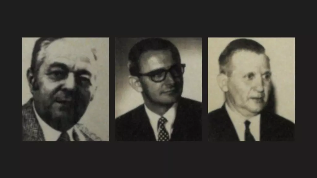 Drei Bürgermeister schließen sich zusammen (v.l.n.r.): Konrad Treber (Okriftel), Norbert Winterstein (Hattersheim) und Johann Kirchhof (Eddersheim), 1972.