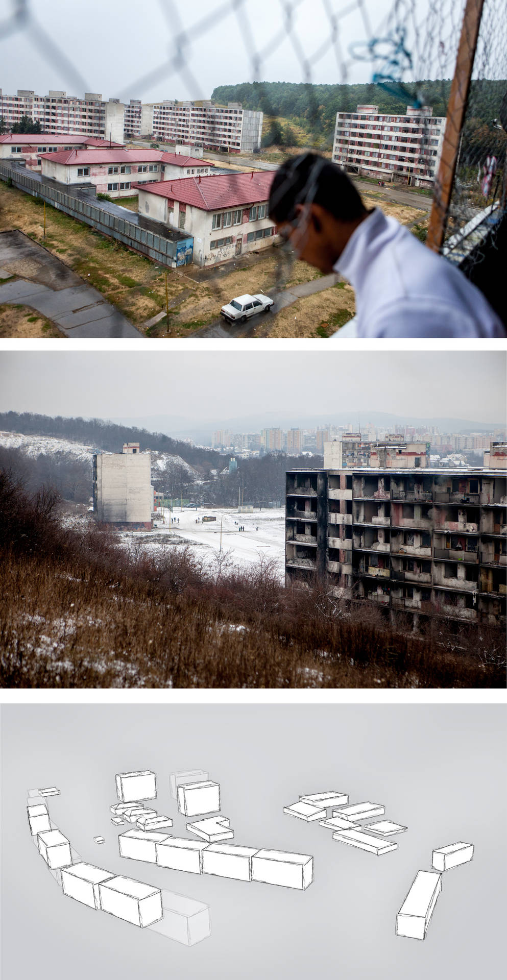 Lunik IX seen from Marek's flat (above) and from the hill on the backside of the estate. A map shows an overview of the area and buildings which were demolished in the past.