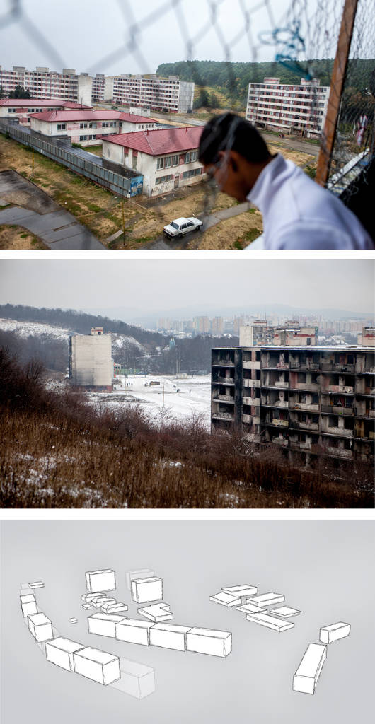 Lunik IX seen from Marek's flat (above) and from the hill on the backside of the estate. A map shows an overview of the area and buildings which were demolished in the past.